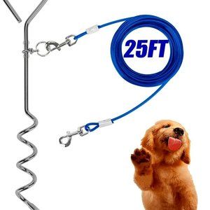 Dog 25' CABLE & 18" RUSTPROOF SPIRAL STAKE SET~ to 60lbs~ 360° FREEDOM TIE-OUT